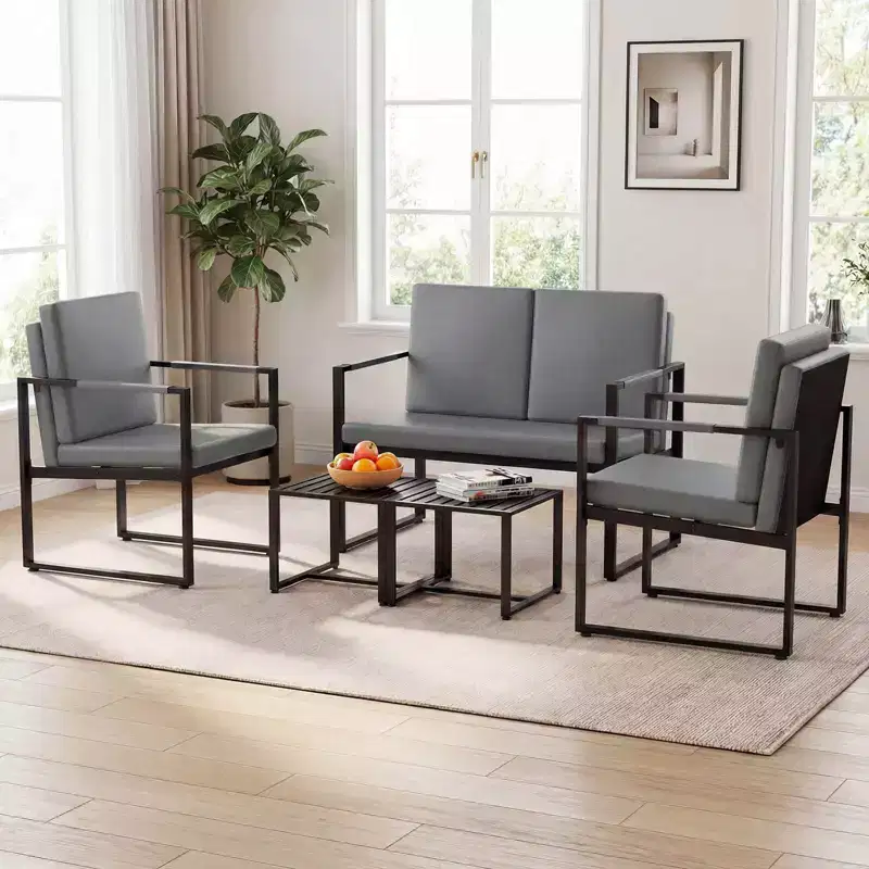 Modern 2-Seater Loveseat Sofa with Solid Metal Frame & Removable Back Cushions, Brown/Gray + Black