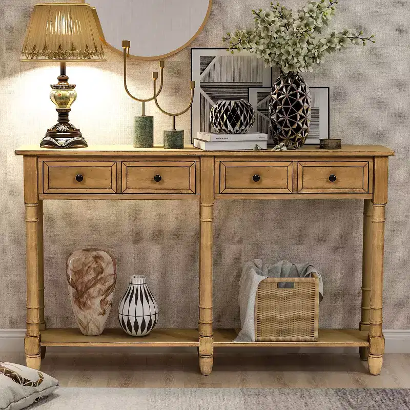 Okak 58IN Vintage Narrow Console Table, Entryway Table with Two Storage Drawers and Bottom Shelf, Accent Table for Living Room, Hallway