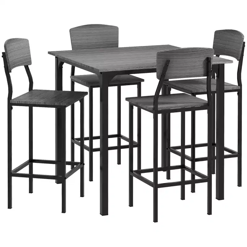 5-Piece Counter Height Bar Table with Space-Saving Design, Square Kitchen Table and Chairs Set with Footrest, Metal Legs, Industrial Dining Table