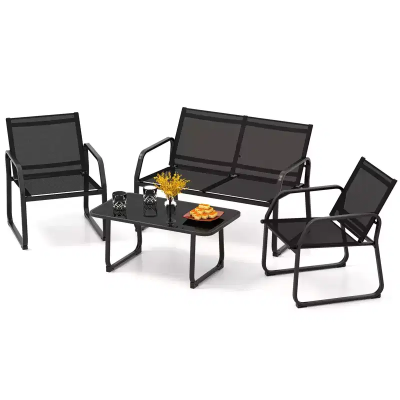 Costway 4 PCS Patio Conversation Set w/ Breathable Fabric Seat Tempered Glass Tabletop