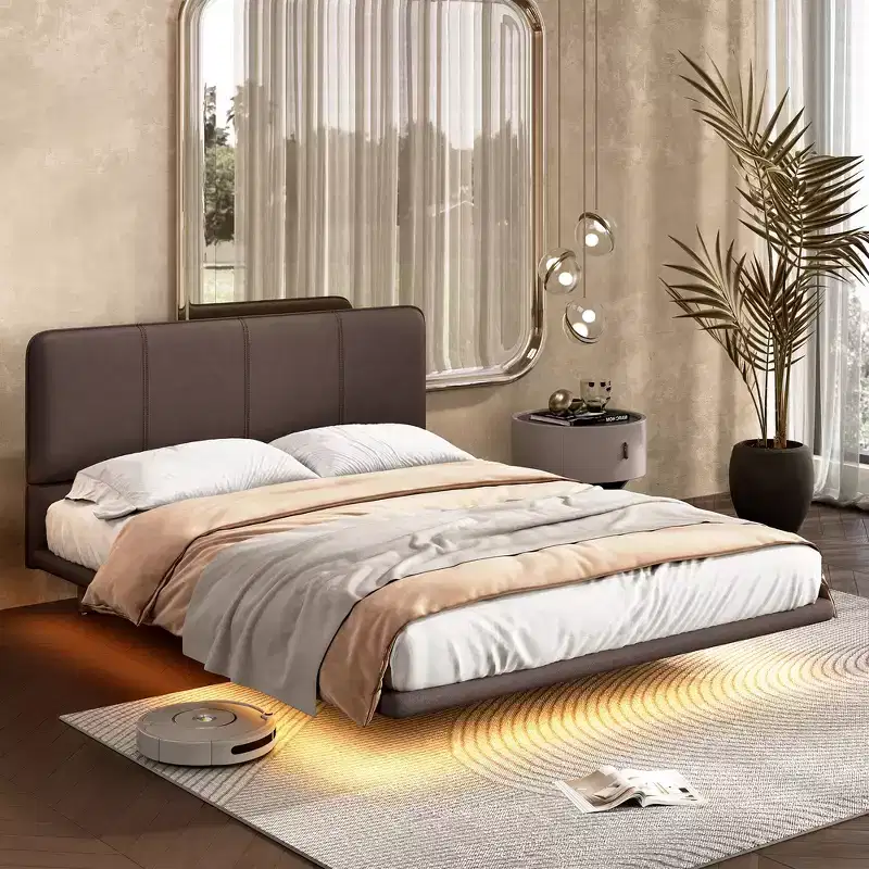 Full Size Floating Platform Bed with LED Lights, PU Leather, Sturdy Build & Modern Appeal