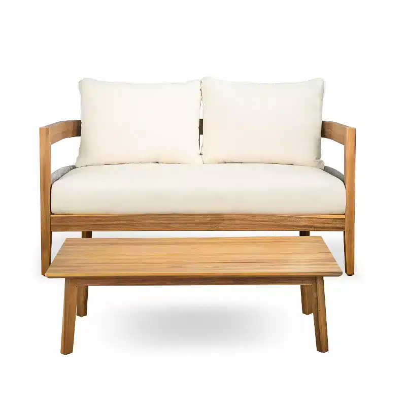 Christopher Knight Home Fawn Modern Outdoor Acacia Wood Loveseat and Table Set, Beige/Teak