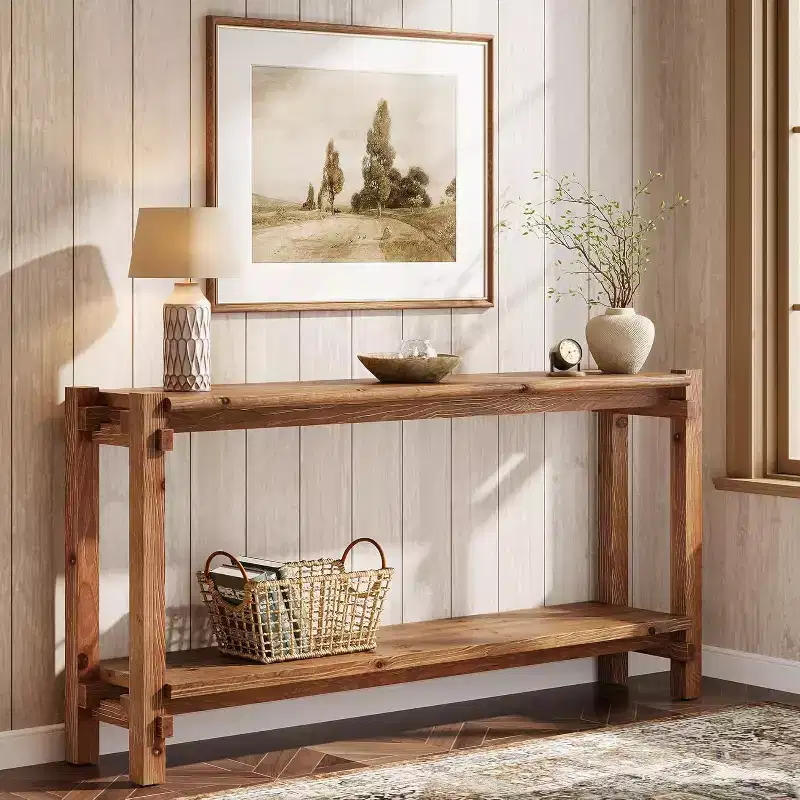 Solid Wood Console Table, Narrow Entryway Table with Storage for Living Room, Entrance, Behind Sofa, Brown