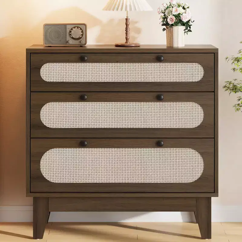 WhizMax 3 Drawer Wood Dresser, Rattan Nightstand Bedside Table