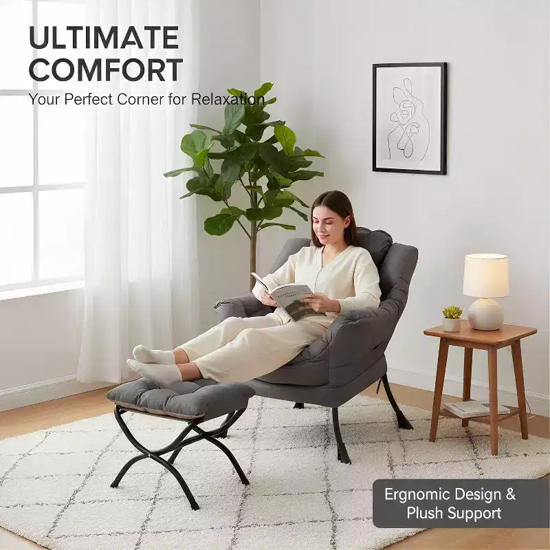 Accent Leisure Armchair with Ottoman, Side Pocket & Armrests – Dark Grey