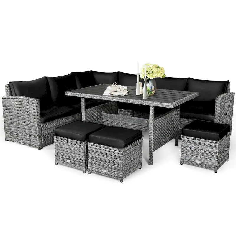 7 Pcs All-Weather Patio Rattan Dining Furniture Sectional Sofa Set with Wicker Ottoman and Cushed Couch