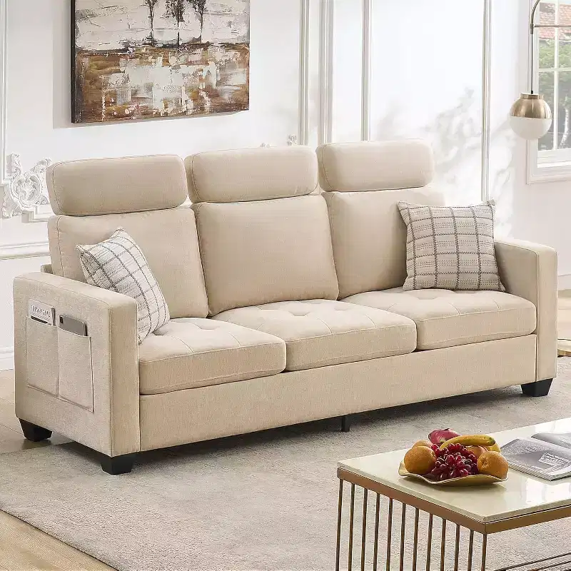 Beige/Blue Chenille 3-Seater Sofa with Side Storage Pockets, 89