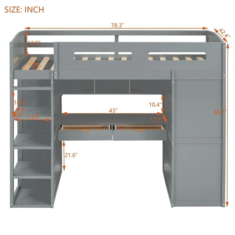Loft Bed with Desk, Wardrobes, 4 Drawers and 4 Shelves