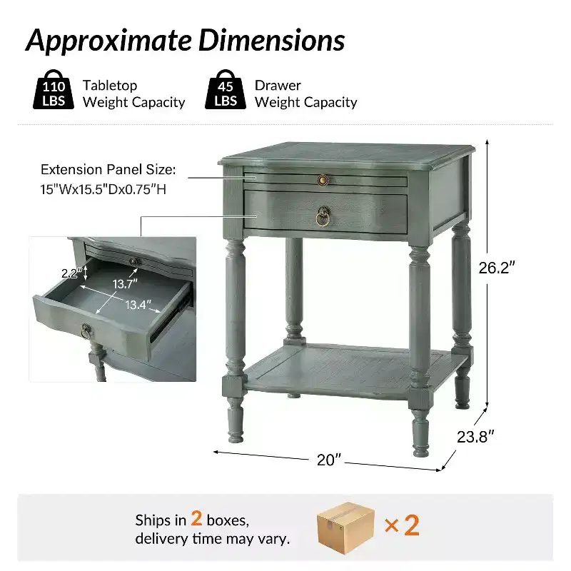 Alex 26 Tall 1 Drawer End Table Set of 2 with Built-in Charging Station|HULALA HOME