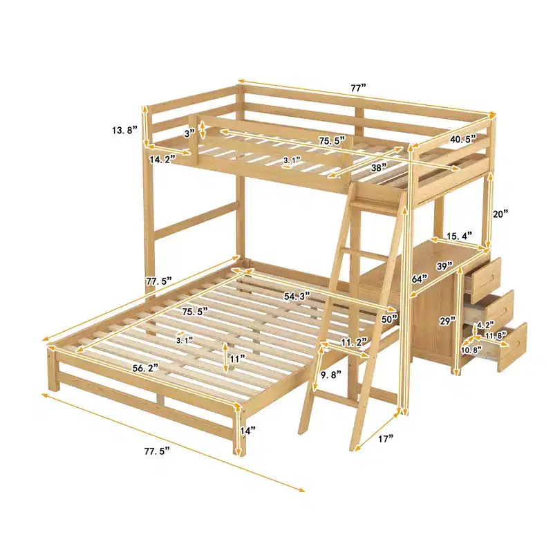 Bellemave Bunk Bed Twin Over Full, Wood Bunk Beds with Desk, Twin Over Full Bunk Bed with 3 Drawers, Loft Bed with Desk for Kids Adults,Natural