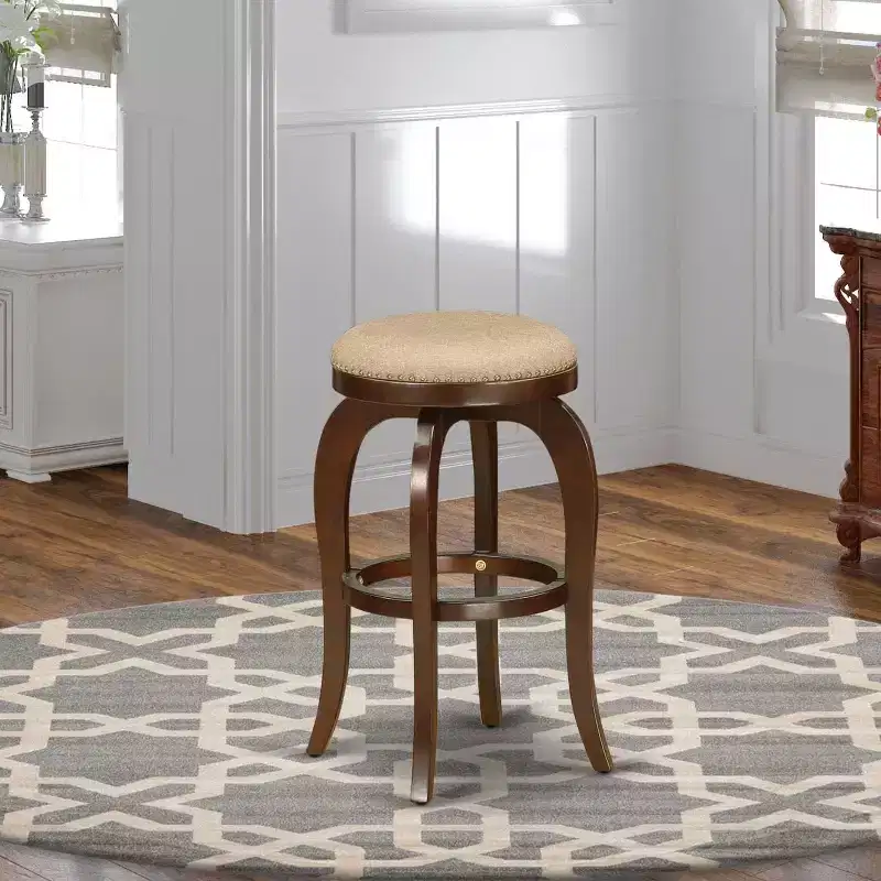 HomeStock 30 in.H Brown Finish Backless Wooden Counter Barstool in Round Shape with Faux Leather Upholstered