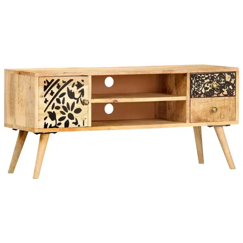 Solid Mango Wood TV Stand with Black Accents, Natural Finish