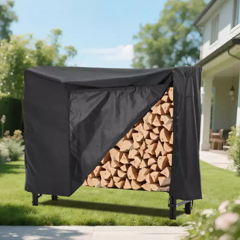 4FT Firewood Rack with Cover, Holders Firewood Outdoor Log Rack with Zipper, Heavy Duty Firewoods Storage Log Racks, Black Waterproof Oxford Fabric