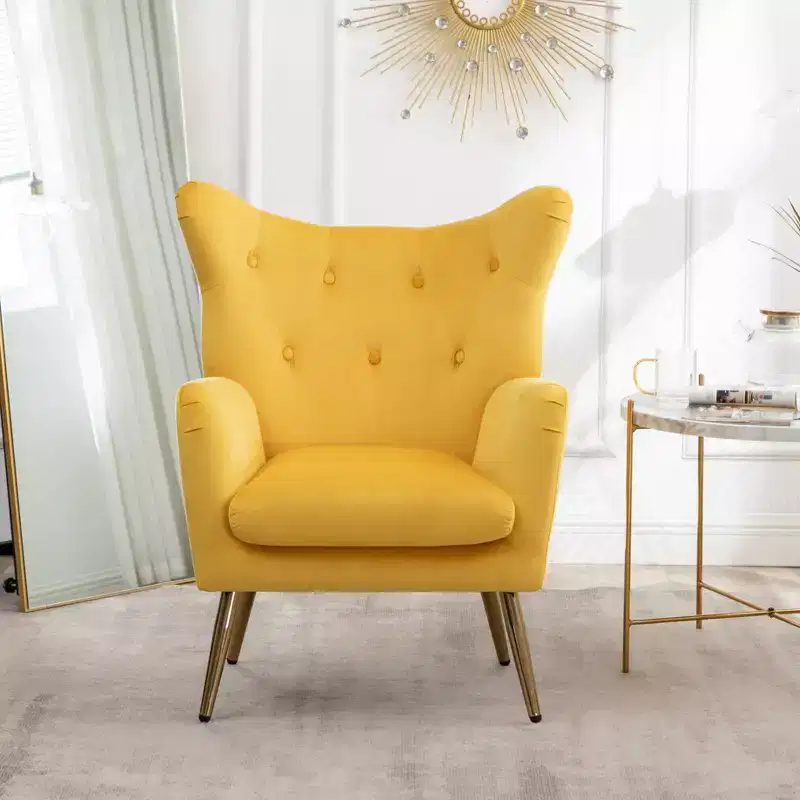 Velvet Button-Tufted Wing Back Accent Chair, Yellow