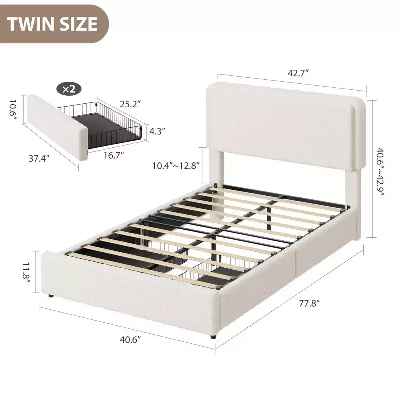 Full Size Teddy Fleece Bed Frame, Upholstered Platform Bed with 2 Storage Drawers, Height Adjustable Cloud Headboard, No Box Spring Required