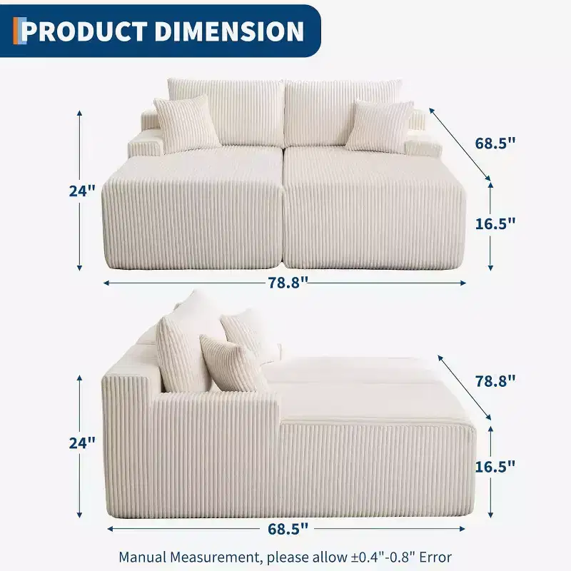 Oversized Chaise Lounge Chair, 79 x 69 Double Cloud Corduroy Chair with Armrests & 4 Pillows, Deep Seat, No Assembly
