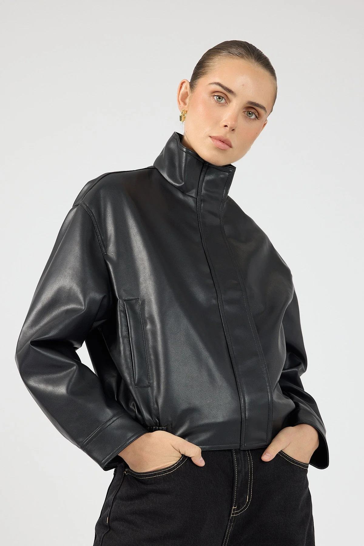 Funnel Neck Faux Leather Bomber Jacket Black