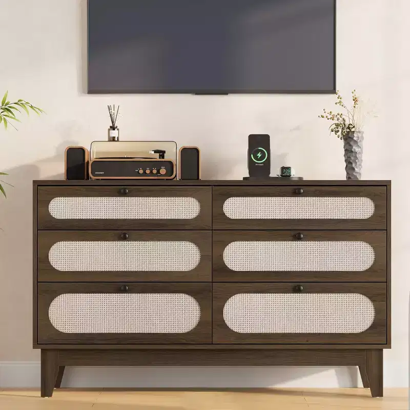 6-Drawer Rattan Dresser with Power Outlet, Dark Wood & Wood Color, Boho Style, 1-Person