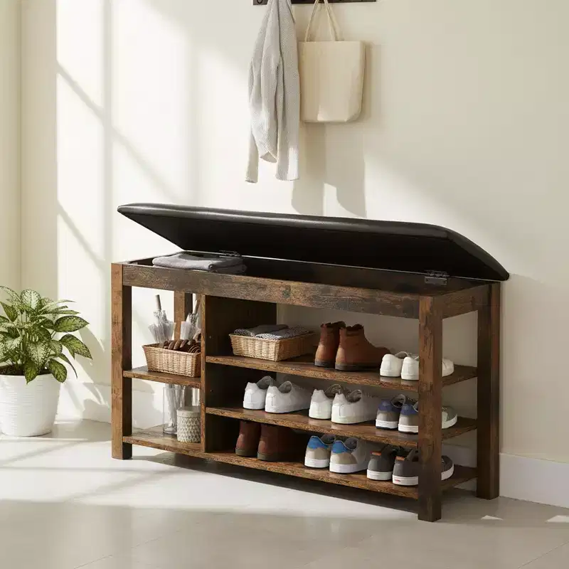 Lift-Top Shoe Bench with Adjustable Lower Shelves and Hidden Storage, Small Space, Holiday Gift, Vintage Brown