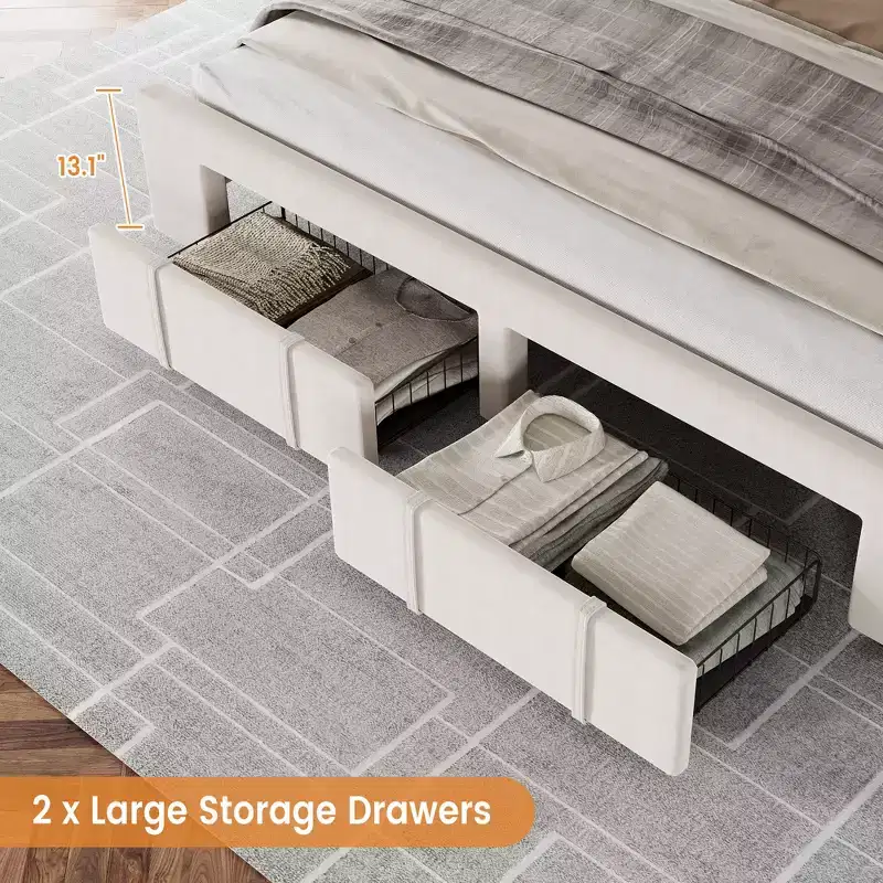 Upholstered Platform Bed Frame with 2 Storage Drawers, Sturdy Wood Slats, No Box Spring Needed