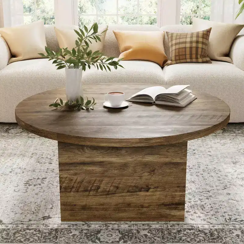 Round Coffee Table, 35-Inch Engineered Wood, Mid-Century Style, Beige