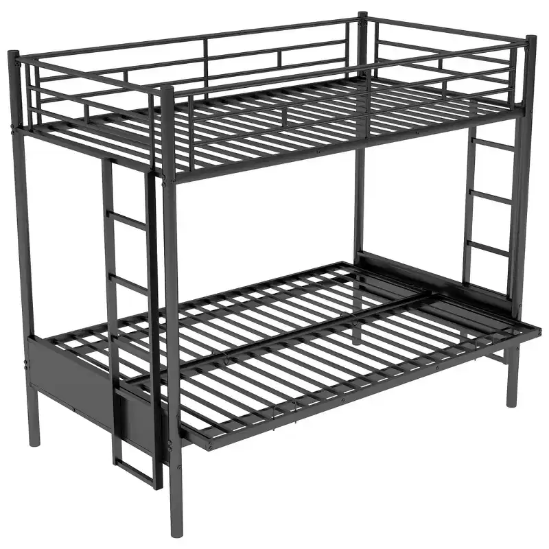 Twin over Full Metal Bunk Bed with Adjustable Lower Bunk – Black, Multi-Function