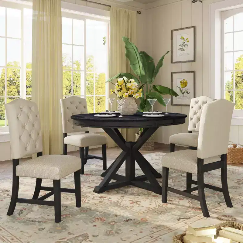 Extendable Dining Table Set for 4, Wood Round Table with 4 Upholstered Chairs for Kitchen