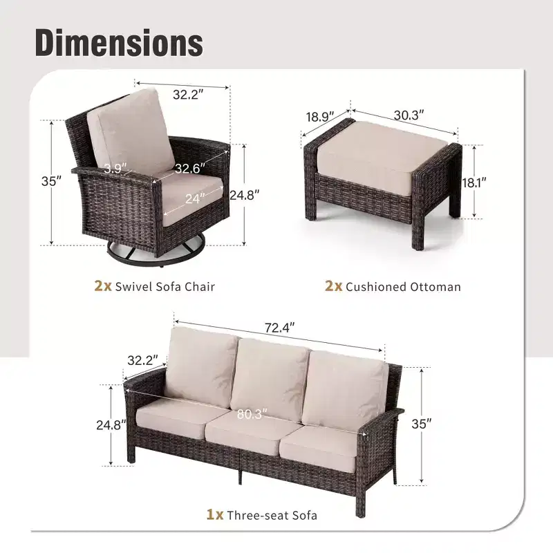 Captiva Designs 5PC Oversized Patio Outdoor Wicker Furniture Conversation Sofa Set with Ottomans for Garden Yard Porch