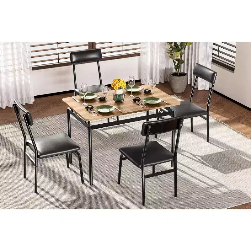 5 Piece Dining Table Set, Wooden Kitchen Table Set with 4 PU Upholstered Chair, Industrial Metal Frame Dinette Set
