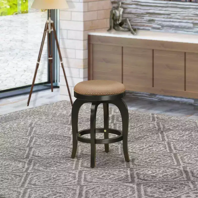 24 in. Backless Wooden Counter Barstool, Round Shape with Faux Leather Upholstered Seat, Brown
