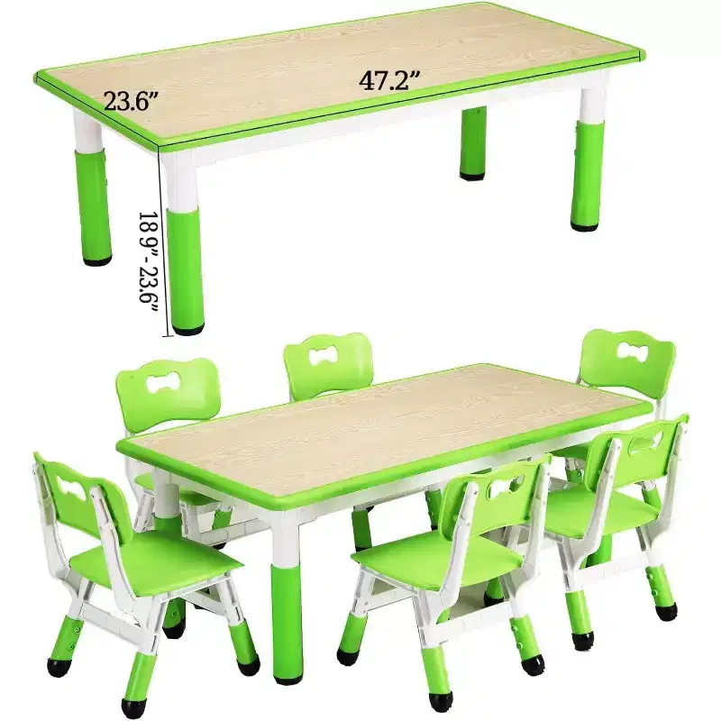 GustoWave Kids Table and 6 Chair Set,47 Inches Modern Height Adjustable Toddler Table and 6 Chairs Set with Non-Slip Desk Legs