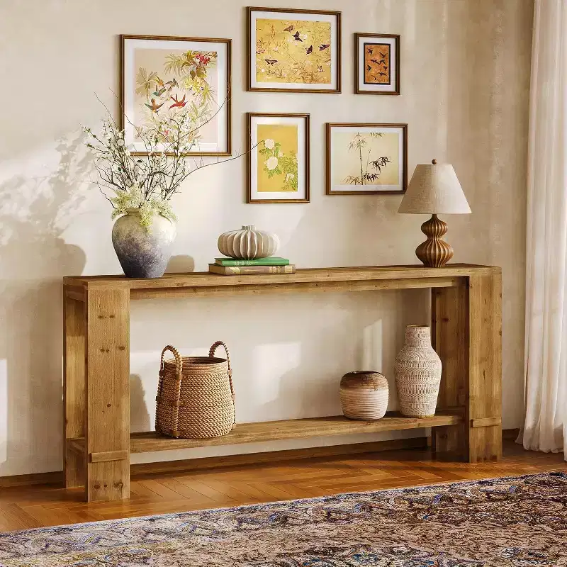 70-Inch Solid Wood Farmhouse Console Table – Natural Wood