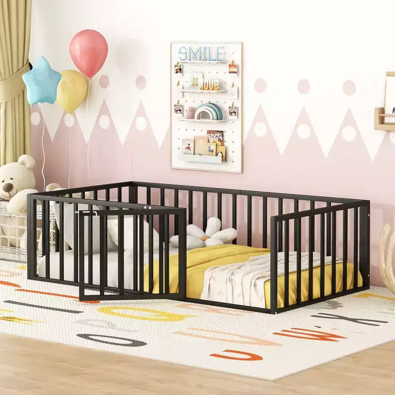 Kids Metal Montessori Floor Bed with Rails, Door & Fence-Shaped Guardrails, Twin/Full/Queen