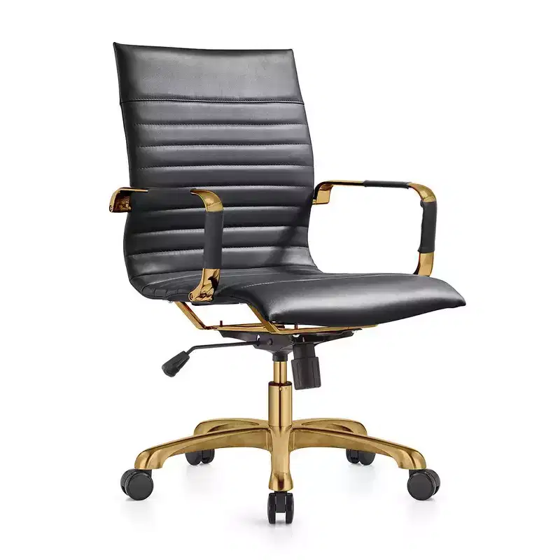 Armless Office Chair - Ribbed Faux Leather, Gold Metal Base, Swivel & Tilt