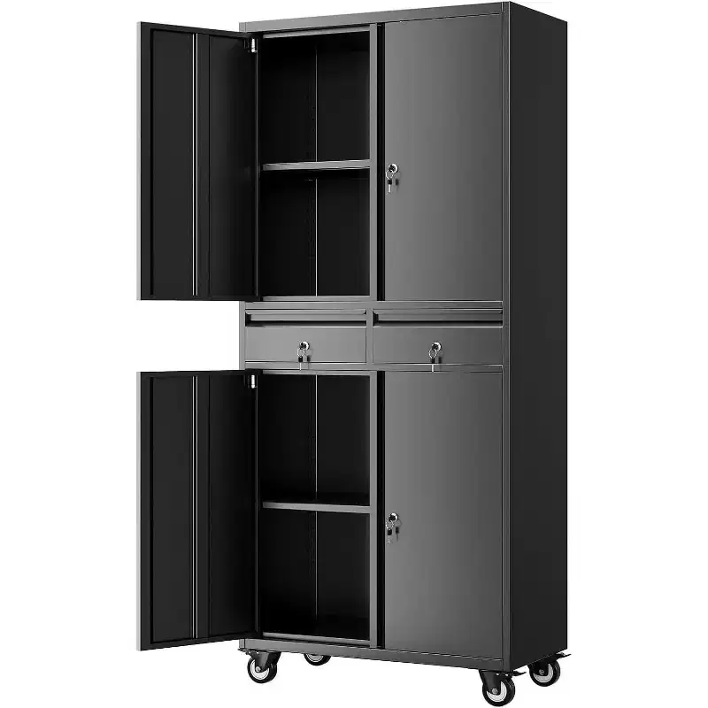 73 Metal Storage Cabinet, 2 Drawers, Locking Doors, Wheels, Adjustable Shelves, Heavy Duty for Garage, Office, Workshop, Black