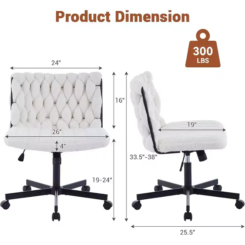 Modern Swivel Office Chair, Ergonomic Swivel Office Chair, 300lbs Capacity Cross Legged Armless Rolling Chair, Wide Seat, Adjustable Height