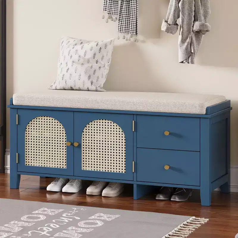 TUYOHW Shoe Storage Bench, Vintage Shoe Bench with Storage and Cushion, Shoe Bench with 2 Drawers and 2 Rattan Door for Entryway, Navy