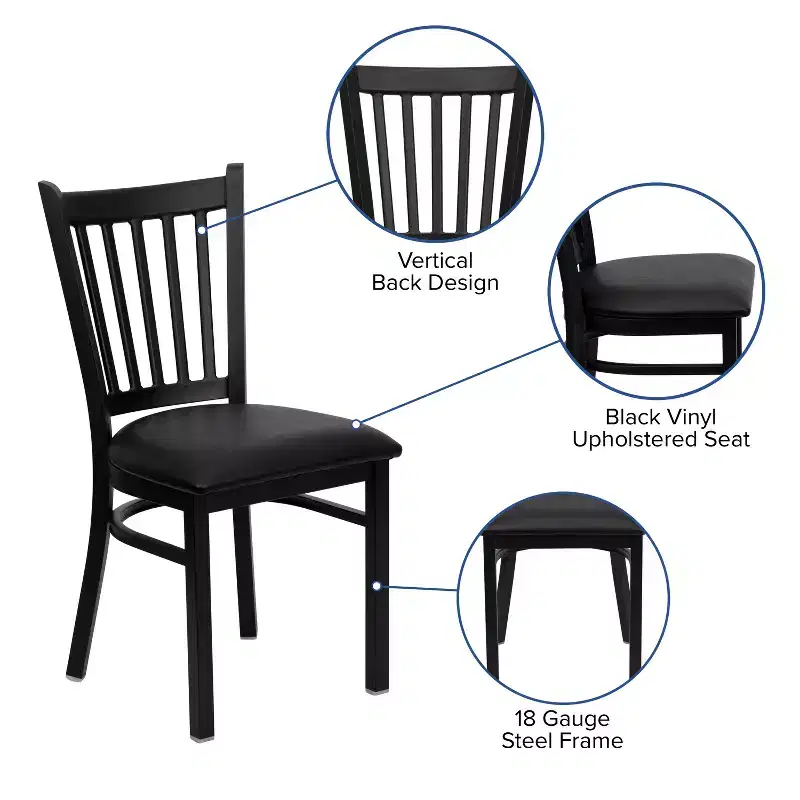 Black Metal Frame Vertical Back Dining Chair – Vinyl or Wood Seat, Seats 1