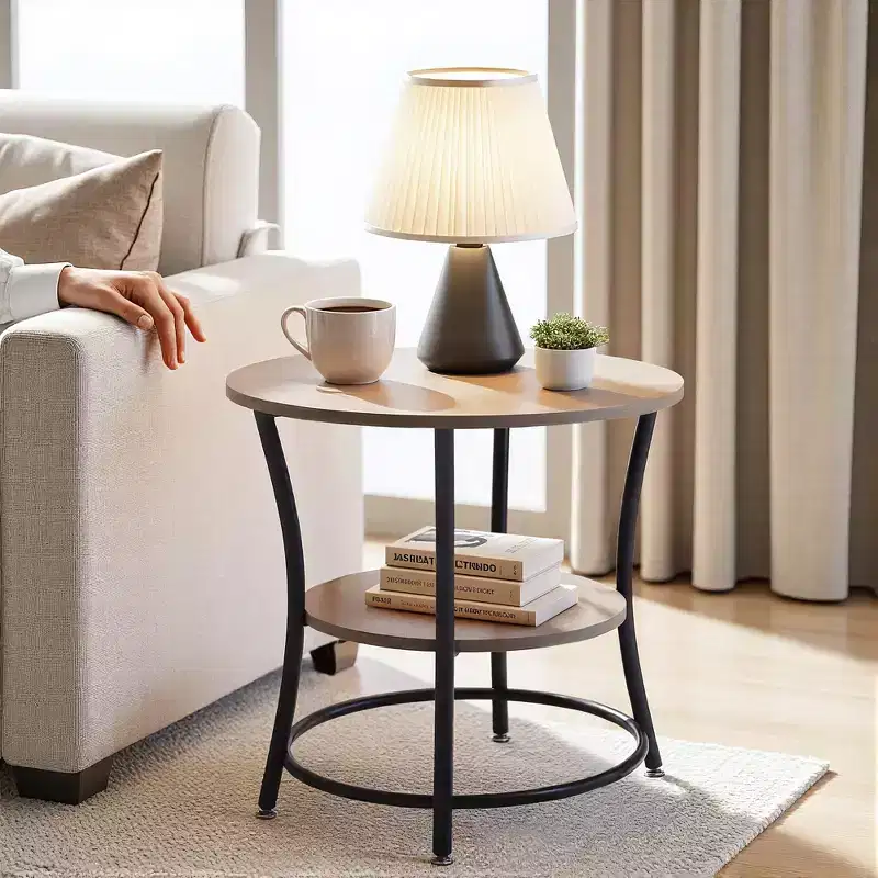2-Tier Round Side Table, 21.65 Accent Sofa End Table for Living Room or Bedroom, Metal Frame & MDF Wooden Top, Easy Assembly, 1PC, Brown