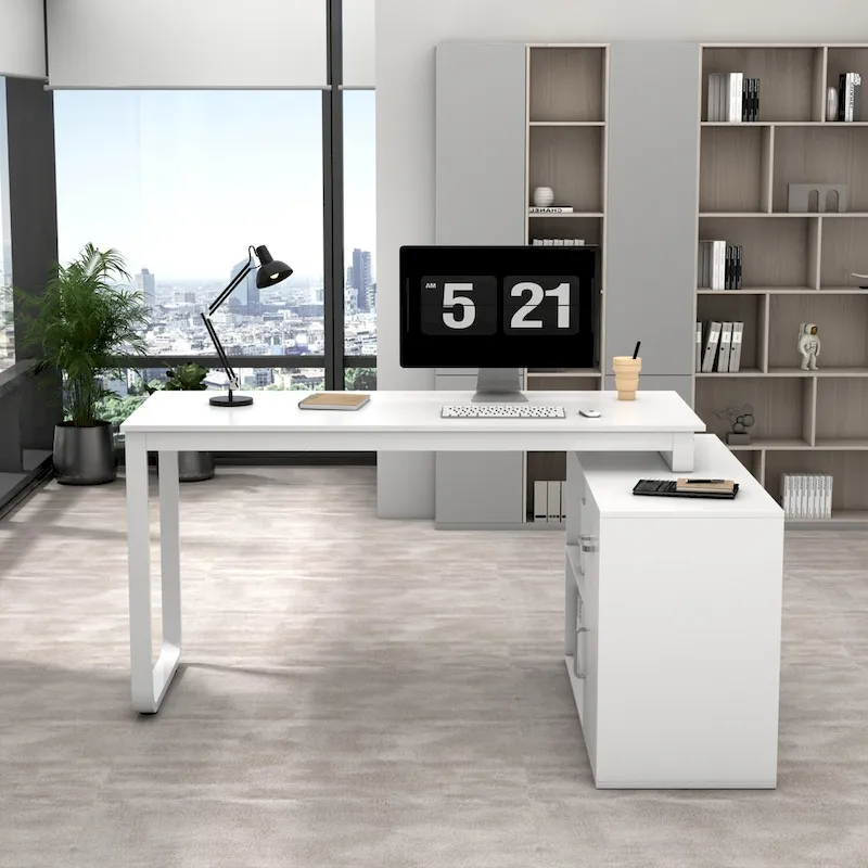 Timechee 55-inch L Shaped Office Computer Desk w/ Drawers Cabinet, White