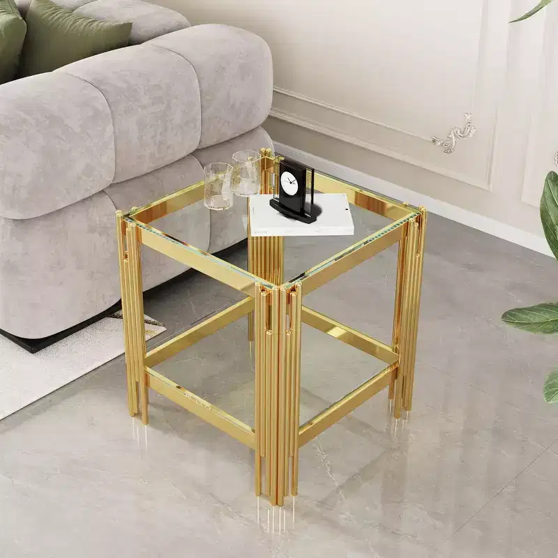 Double Layer Tempered Glass Round End Table with Mirror-Finish Stainless Steel Frame, Living Room Accent