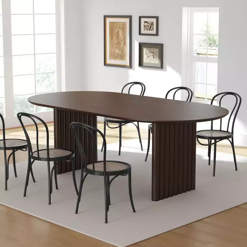 Oval Dining Table, Solid Wood with Scratch-Resistant Top & Striped Legs, Modern Farmhouse, Walnut