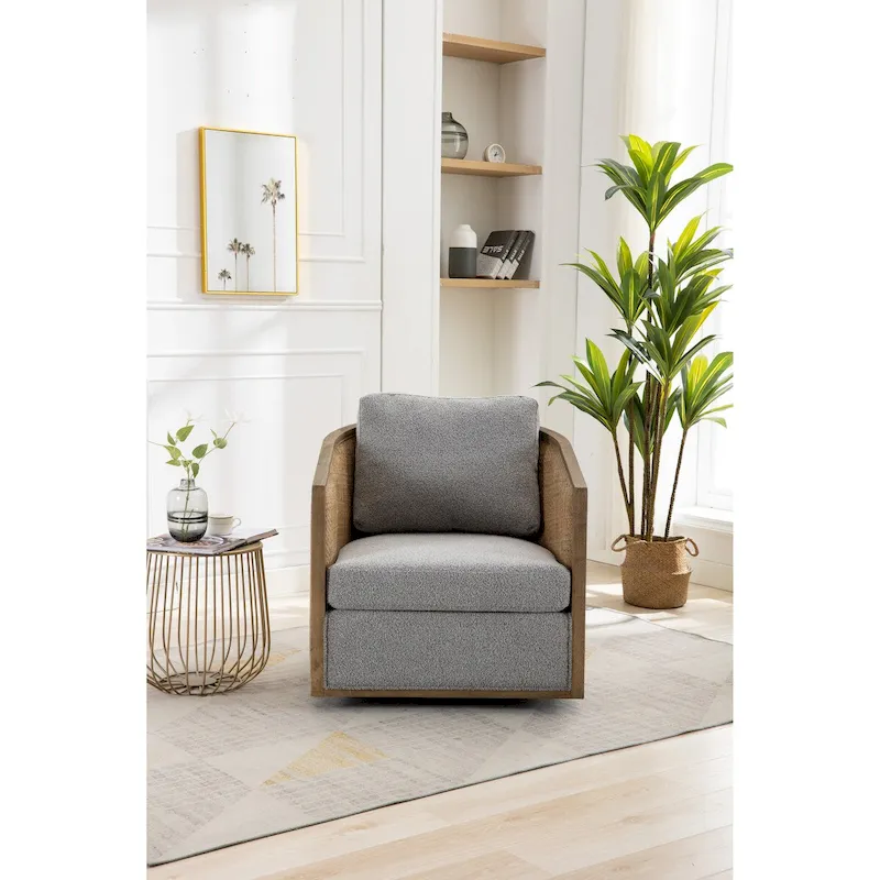 Swivel Barrel Chair, Comfy Round Accent Chair, 360 Degree Swivel Barrel Club Chair, Leisure Arm Chair with Rattan Woven Frame