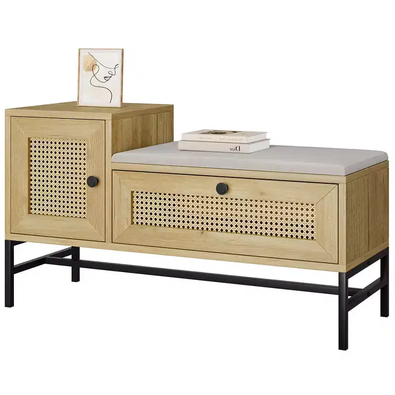 Garvee Rattan Shoe Bench with Storage, Entryway Bench with Flip Drawer Shoe Cabinet, Show Storage Bench for Hallway and Bedroom, Natural Oak