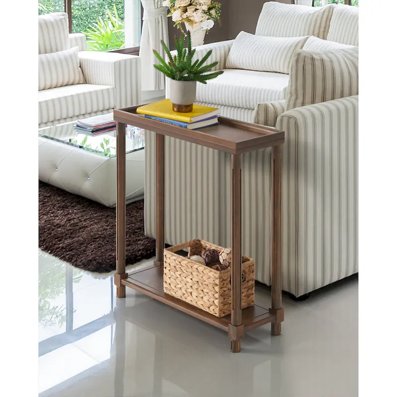 New Ridge Home Goods Harrison Narrow Side End Tables with Shelf, Set of 2, Antique Chestnut