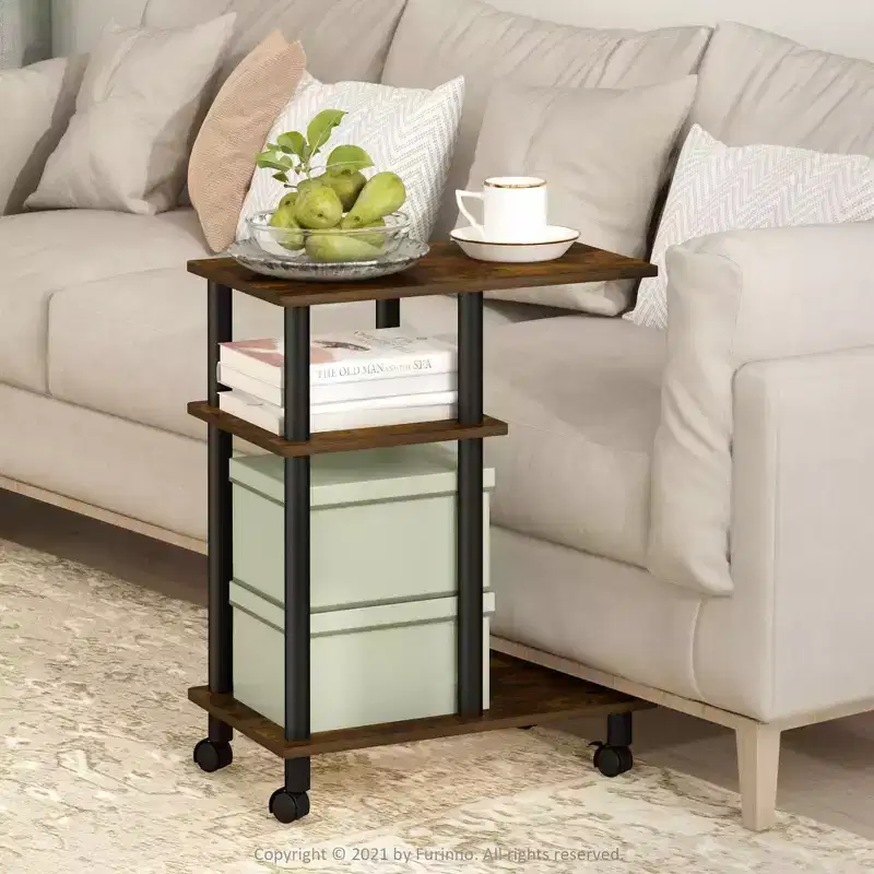 Furinno U-Shape Rolling Storage Cart Sofa Side End Table w/Open Display Shelf,Amber Pine