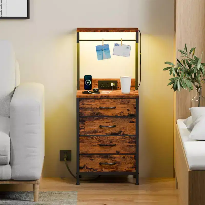 Modern Brown Nightstand with LED Lights Charging Station USB Ports 4 Fabric Drawers 4 Tier Storage Shelves Tall Bedside Side End Table Organizer