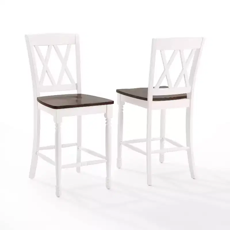Set of 2 Shelby Counter Height Barstools Distressed White - Crosley: Rubberwood Frame, Non-Upholstered, Traditional Design