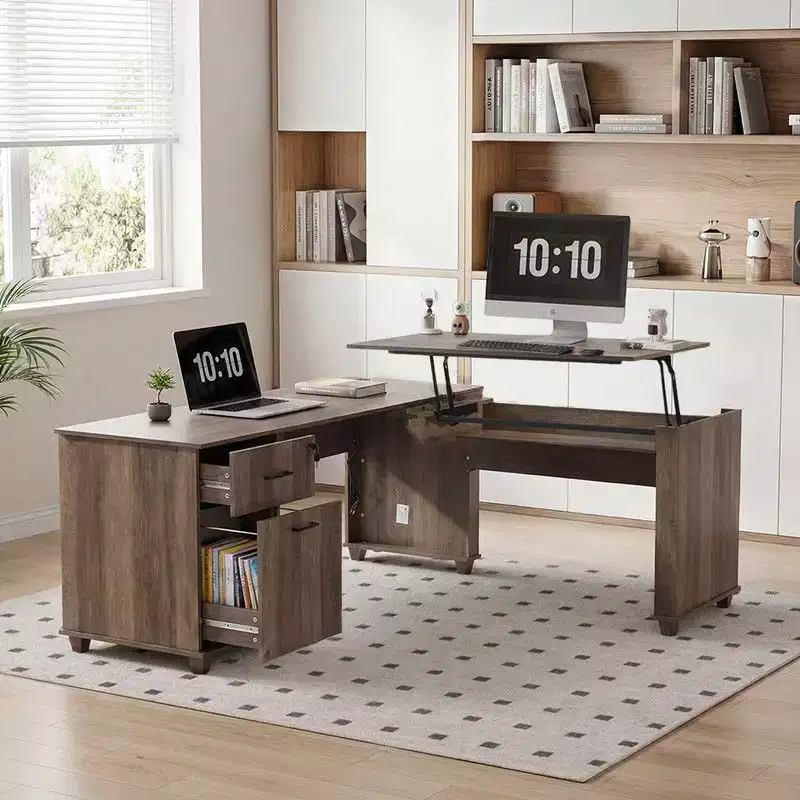 Black L-Shaped Lift-Top Computer Desk with Storage, 1 Person