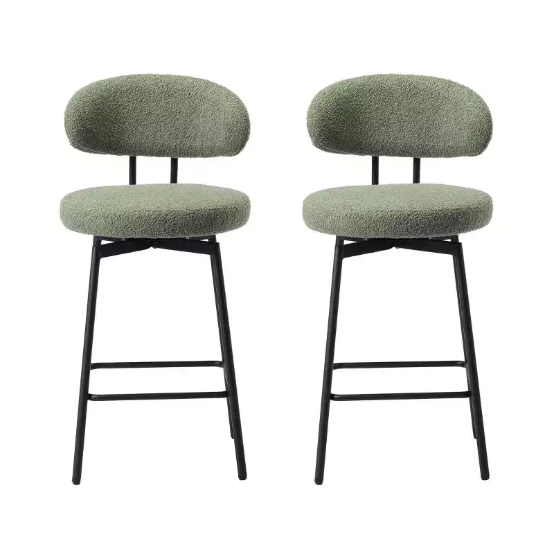 Modern Upholstered Faux Shearling Fabric Counter Height Bar Stools with Back (Set of 2